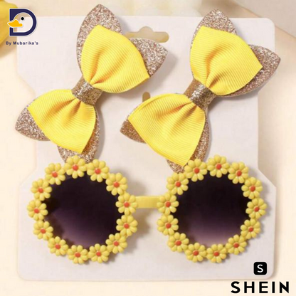 3pcs/set Girls' Yellow Hair Clips And Sunglasses Combination