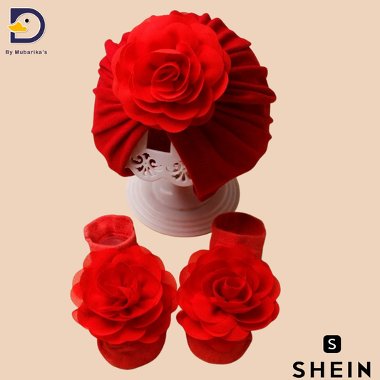 1pc Baby Chiffon Rolled Flower Decorated Headband Hat & 1pair Baby Anti-Slip Floor Socks Set Suitable For Daily Wear