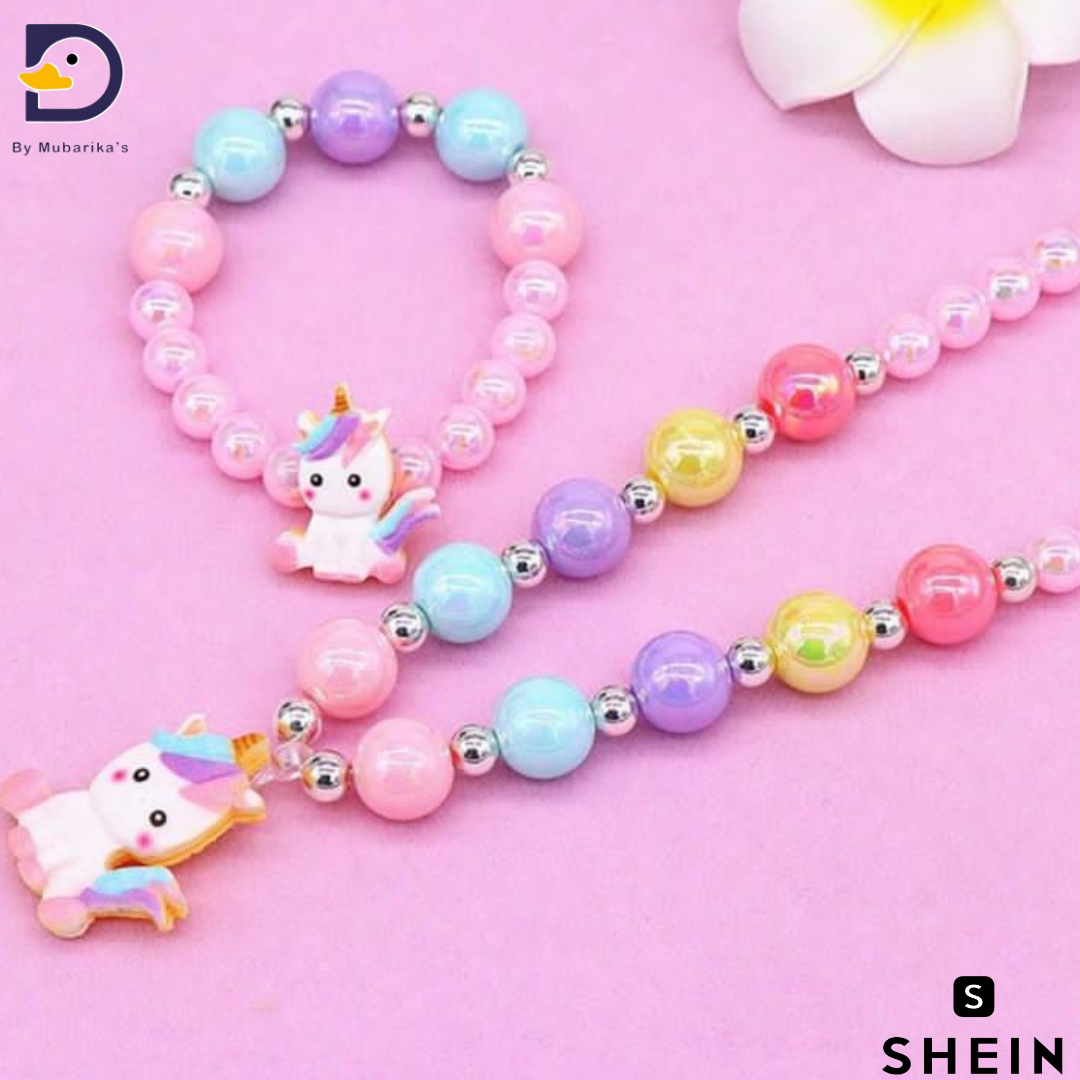 1set Cute & Simple Style Unicorn Rainbow Necklace Jewelry Set For Girls, Including 1 Necklace, 1 Bracelet, 1pair Earrings, 2 Rings Suitable For Daily Wear