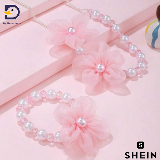 2pcs Girls Faux Pearl & Flower Decor Fashionable Jewelry Set