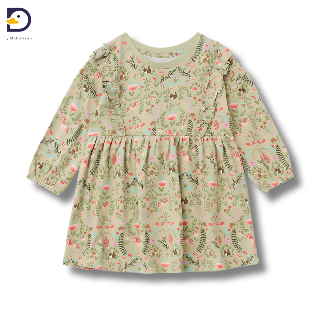 Girls Sage Floral Print Long Sleeve Dress