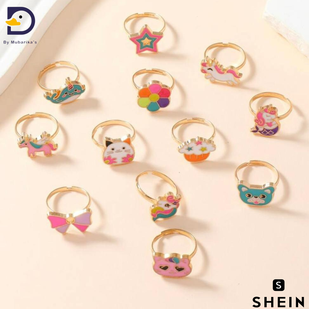 1set/12pcs Adjustable Alloy Rings For Girls, Featuring Cute Animal, Rainbow, Crown, And Droplet Designs