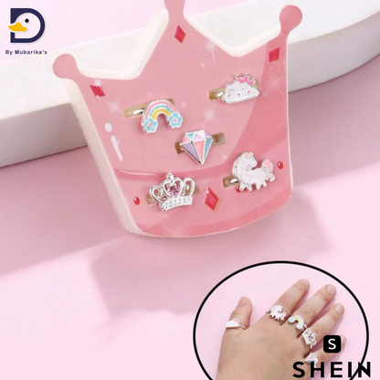 5pcs/set Rainbow Rhinestone Crown, Cloud, Horse Shaped Zinc Alloy, Colorful Resin Cute Crown Shaped Ring Packaged In Plastic Box, Suitable For Daily Wear