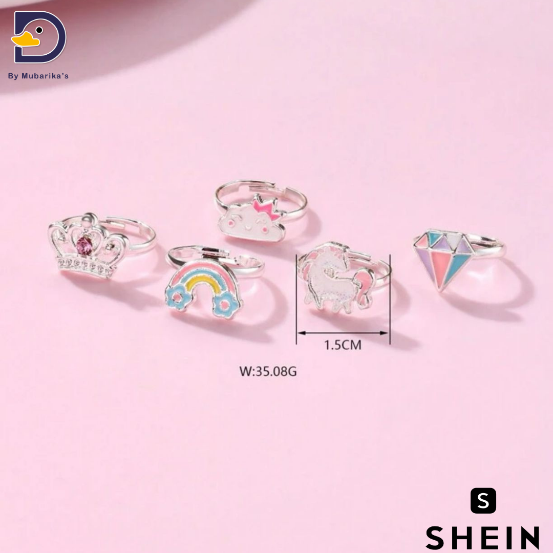 5pcs/set Rainbow Rhinestone Crown, Cloud, Horse Shaped Zinc Alloy, Colorful Resin Cute Crown Shaped Ring Packaged In Plastic Box, Suitable For Daily Wear