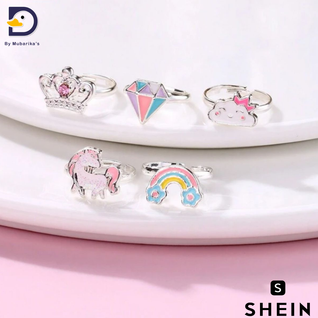 5pcs/set Rainbow Rhinestone Crown, Cloud, Horse Shaped Zinc Alloy, Colorful Resin Cute Crown Shaped Ring Packaged In Plastic Box, Suitable For Daily Wear