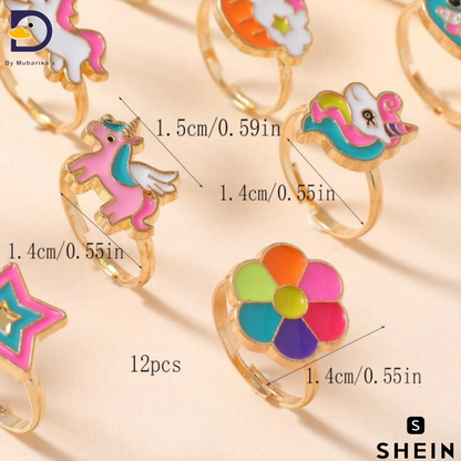 1set/12pcs Adjustable Alloy Rings For Girls, Featuring Cute Animal, Rainbow, Crown, And Droplet Designs