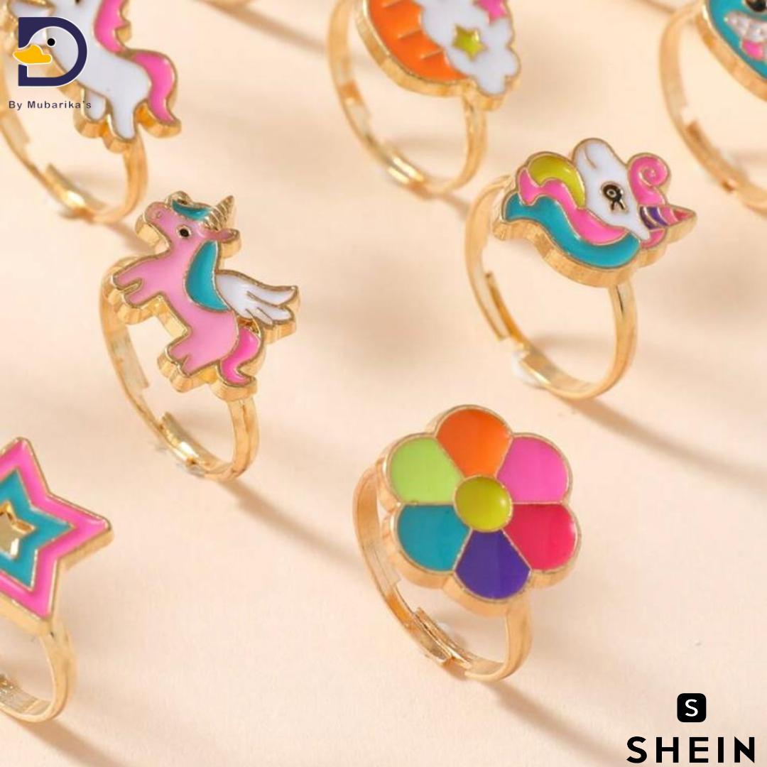 1set/12pcs Adjustable Alloy Rings For Girls, Featuring Cute Animal, Rainbow, Crown, And Droplet Designs