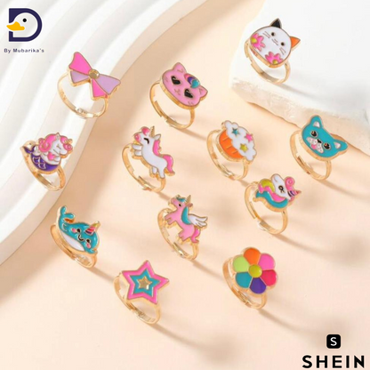 1set/12pcs Adjustable Alloy Rings For Girls, Featuring Cute Animal, Rainbow, Crown, And Droplet Designs