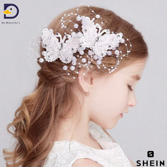 2pcs Lace Butterfly Hair Clips, Sparkly Princess Hairpins With Faux Pearl And Rhinestone - Perfect For Floral Crown And Wand, Random Color & Style For Kids' Hair Accessories