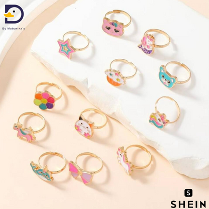 1set/12pcs Adjustable Alloy Rings For Girls, Featuring Cute Animal, Rainbow, Crown, And Droplet Designs